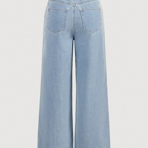 Blue Casual Women's Front Button Pocket Faux Pearl Decor Denim Jeans - Picture 2 of 4